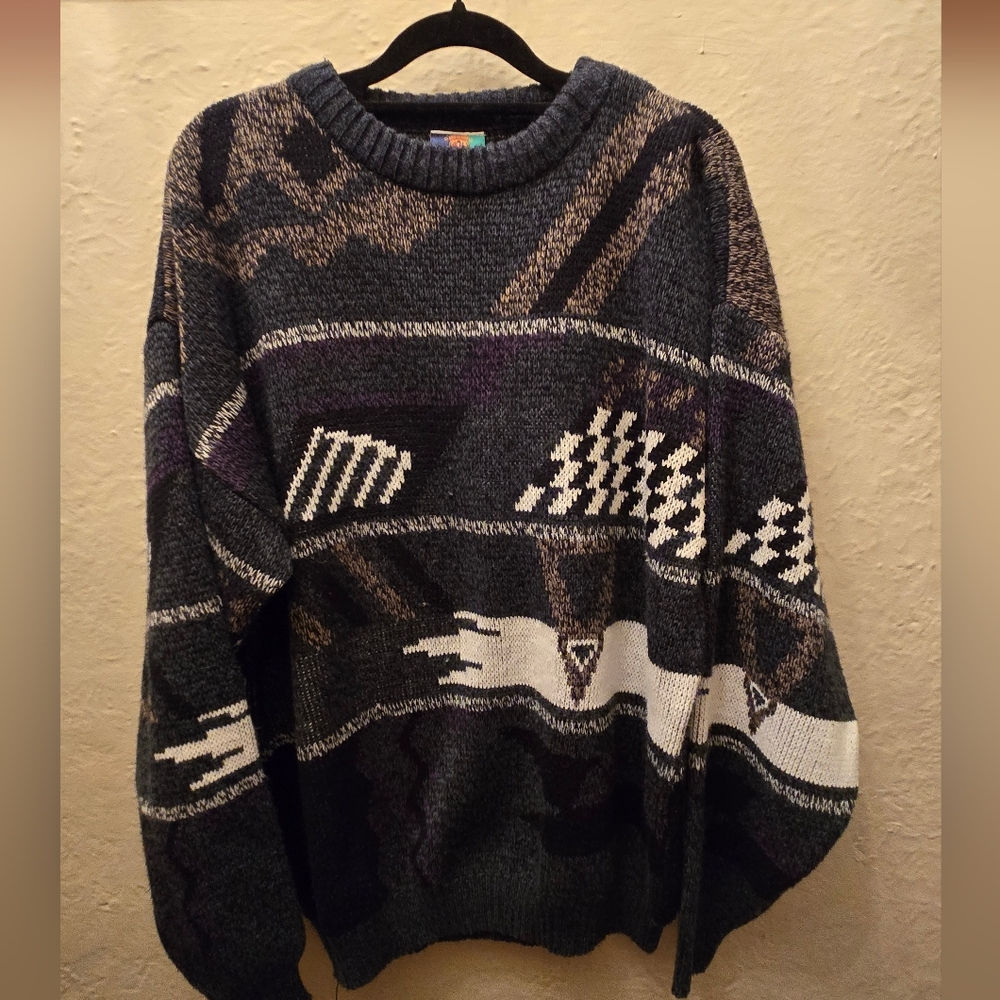 Vintage 90s Korean Abstract Geometric Grandpa Chunky Knit Sweater L XL